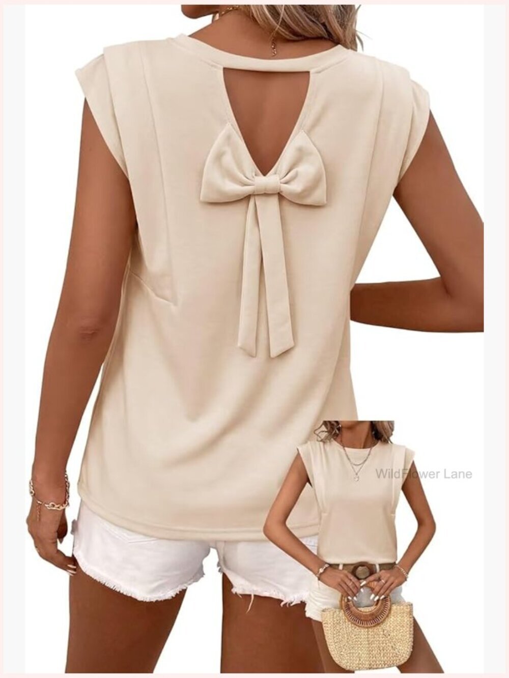 Bow Tie Back Top Cap Sleeve Chiffon Tunic Summer Blouse